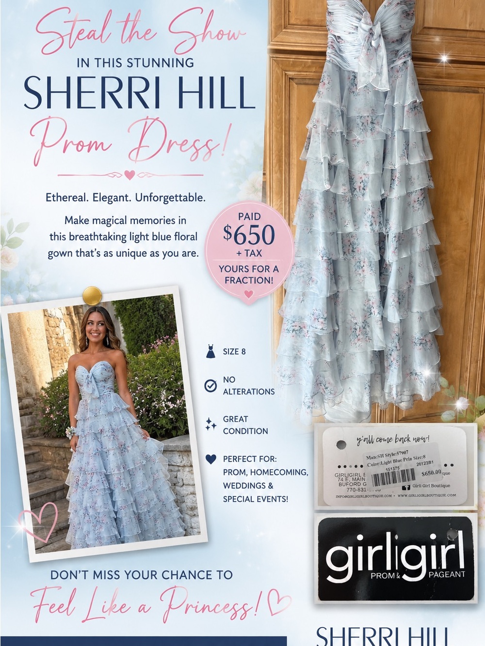 Sherri Hill Light Blue Floral Tiered Ruffle Gown